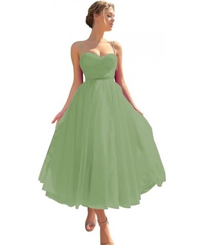 Spaghetti Straps Tulle Sweetheart Prom Dresses with Pockets Tea Length Formal Evening Gowns for Women Sage Green $23.22 Dresses