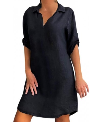 Women Roll Up Sleeve Linen Dress Boho Summer Short Dresses Collared V Neck Shirts Dress Casual Trendy Ladies Clothing Black 1...