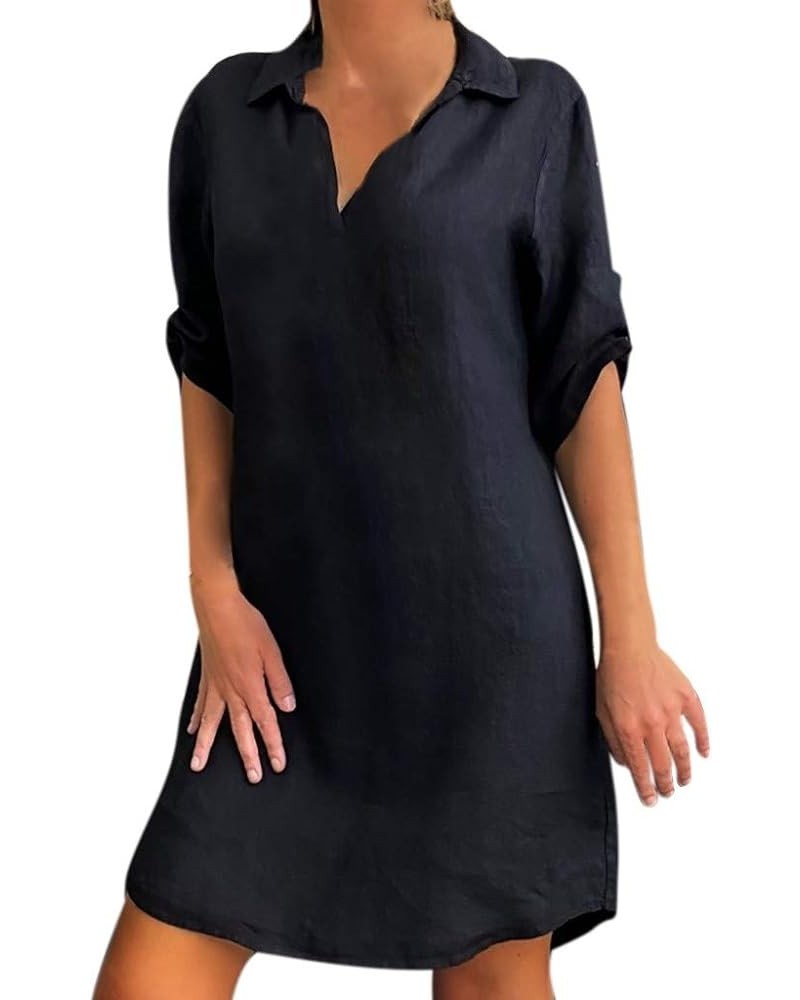 Women Roll Up Sleeve Linen Dress Boho Summer Short Dresses Collared V Neck Shirts Dress Casual Trendy Ladies Clothing Black 1...