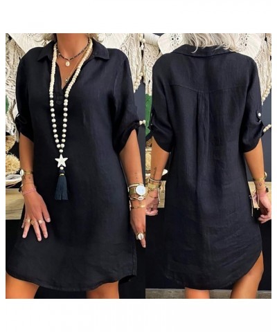 Women Roll Up Sleeve Linen Dress Boho Summer Short Dresses Collared V Neck Shirts Dress Casual Trendy Ladies Clothing Black 1...