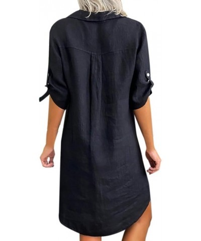 Women Roll Up Sleeve Linen Dress Boho Summer Short Dresses Collared V Neck Shirts Dress Casual Trendy Ladies Clothing Black 1...