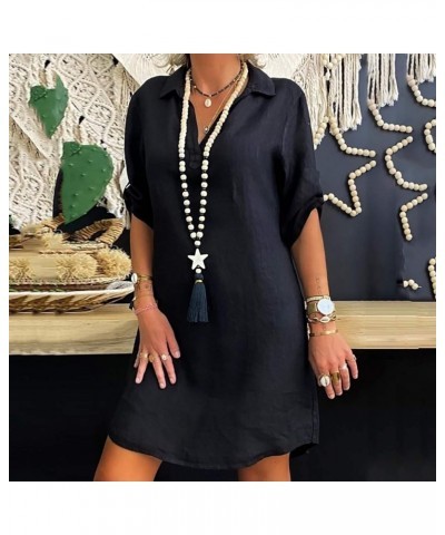 Women Roll Up Sleeve Linen Dress Boho Summer Short Dresses Collared V Neck Shirts Dress Casual Trendy Ladies Clothing Black 1...