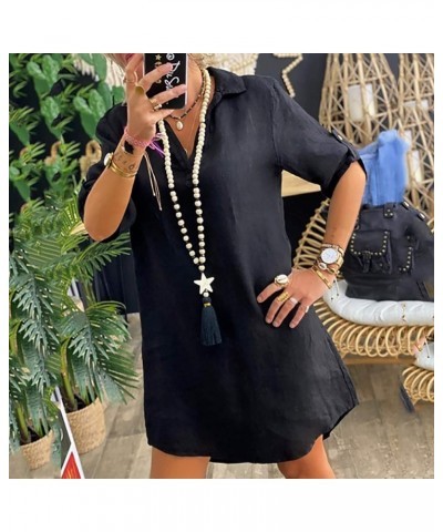 Women Roll Up Sleeve Linen Dress Boho Summer Short Dresses Collared V Neck Shirts Dress Casual Trendy Ladies Clothing Black 1...