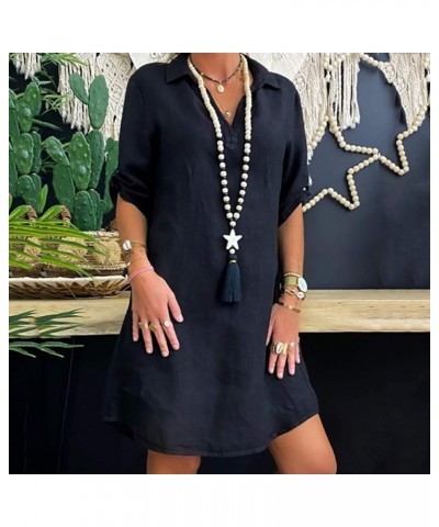 Women Roll Up Sleeve Linen Dress Boho Summer Short Dresses Collared V Neck Shirts Dress Casual Trendy Ladies Clothing Black 1...