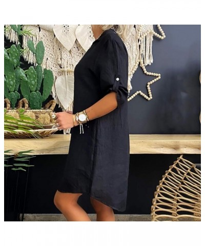 Women Roll Up Sleeve Linen Dress Boho Summer Short Dresses Collared V Neck Shirts Dress Casual Trendy Ladies Clothing Black 1...