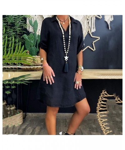 Women Roll Up Sleeve Linen Dress Boho Summer Short Dresses Collared V Neck Shirts Dress Casual Trendy Ladies Clothing Black 1...