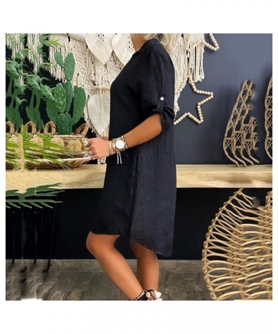 Women Roll Up Sleeve Linen Dress Boho Summer Short Dresses Collared V Neck Shirts Dress Casual Trendy Ladies Clothing Black 1...