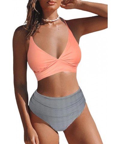 Women's Twist Front Bikini Set Wrap 2 Piece Bathing Suit Padded Swimsuits A-pink Striped $18.01 Swimsuits