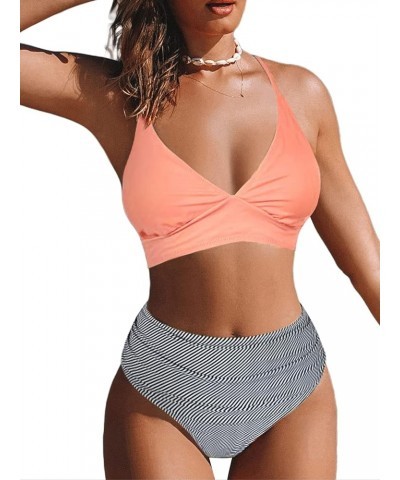 Women's Twist Front Bikini Set Wrap 2 Piece Bathing Suit Padded Swimsuits A-pink Striped $18.01 Swimsuits