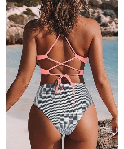 Women's Twist Front Bikini Set Wrap 2 Piece Bathing Suit Padded Swimsuits A-pink Striped $18.01 Swimsuits