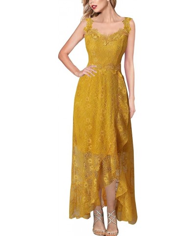 Womens Floral Lace Spaghetti Strap Applique Ruffle Split Formal Evening Gown Wedding A-line Maxi Dress Yellow Floral Lace $33...