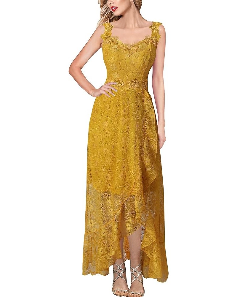 Womens Floral Lace Spaghetti Strap Applique Ruffle Split Formal Evening Gown Wedding A-line Maxi Dress Yellow Floral Lace $33...