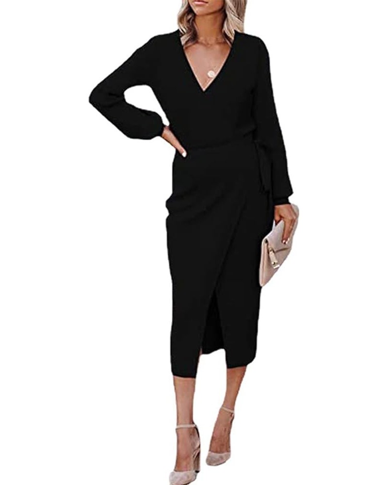 Women's V Neck Wrap Lantern Long Sleeve Self Tie Split Hem Rib Knit Long Bodycon Dress Black $15.20 Dresses