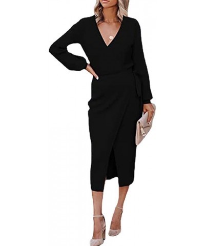 Women's V Neck Wrap Lantern Long Sleeve Self Tie Split Hem Rib Knit Long Bodycon Dress Black $15.20 Dresses