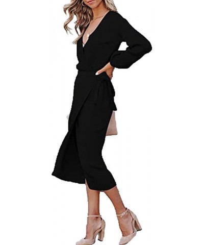 Women's V Neck Wrap Lantern Long Sleeve Self Tie Split Hem Rib Knit Long Bodycon Dress Black $15.20 Dresses