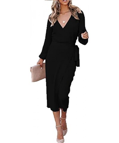 Women's V Neck Wrap Lantern Long Sleeve Self Tie Split Hem Rib Knit Long Bodycon Dress Black $15.20 Dresses