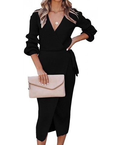 Women's V Neck Wrap Lantern Long Sleeve Self Tie Split Hem Rib Knit Long Bodycon Dress Black $15.20 Dresses