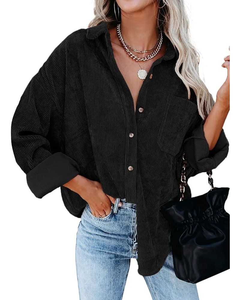 Womens Corduroy Button Down Shirts Boyfriend Long Sleeve Oversized Blouses Tops 1a Black $18.19 Blouses