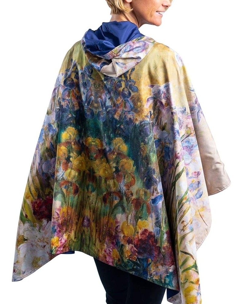 Womens Rain Cape Poncho Coat Waterproof with Hood Reversible Fine Art Tiffany "Peonies & Iris $42.90 Coats