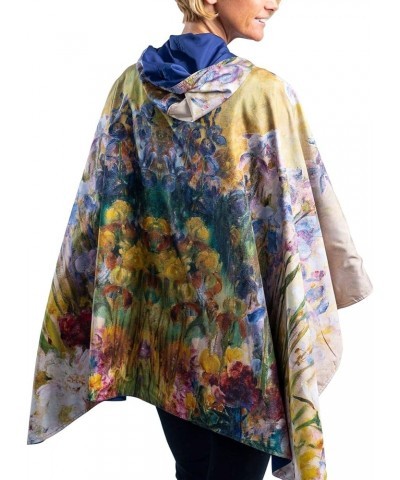 Womens Rain Cape Poncho Coat Waterproof with Hood Reversible Fine Art Tiffany "Peonies & Iris $42.90 Coats