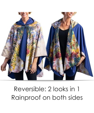 Womens Rain Cape Poncho Coat Waterproof with Hood Reversible Fine Art Tiffany "Peonies & Iris $42.90 Coats