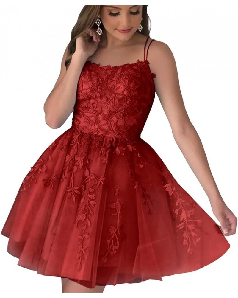 Lace Appliques Tulle Homecoming Dresses Short Spaghetti Straps Prom Cocktail Party Dresses Red $26.09 Dresses