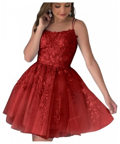 Lace Appliques Tulle Homecoming Dresses Short Spaghetti Straps Prom Cocktail Party Dresses Red $26.09 Dresses