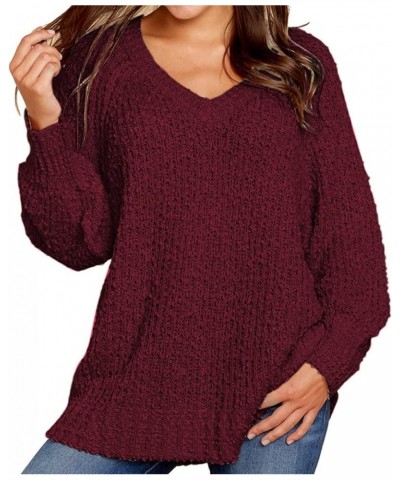 Women's 2024 Fall Winter Oversized Fuzzy Popcorn Sweaters Trendy V Neck Long Sleeve Cozy Pullover Tunic Tops Wine Red $10.75 ...