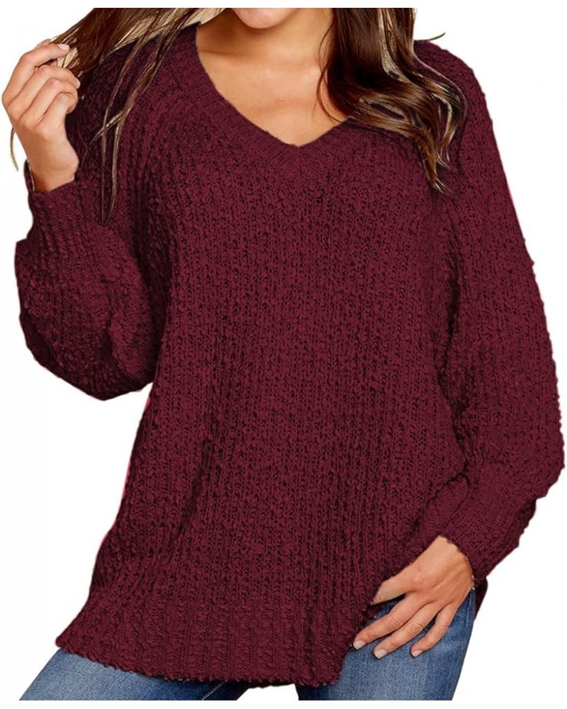 Women's 2024 Fall Winter Oversized Fuzzy Popcorn Sweaters Trendy V Neck Long Sleeve Cozy Pullover Tunic Tops Wine Red $10.75 ...