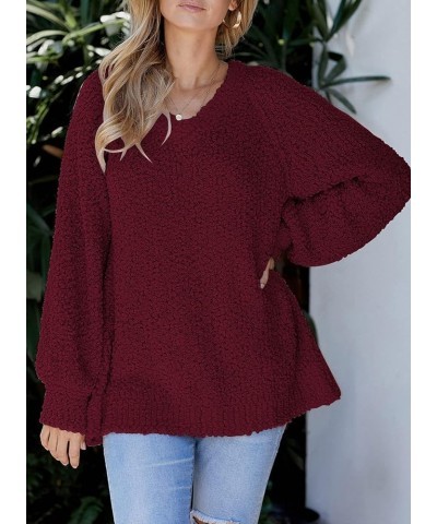 Women's 2024 Fall Winter Oversized Fuzzy Popcorn Sweaters Trendy V Neck Long Sleeve Cozy Pullover Tunic Tops Wine Red $10.75 ...