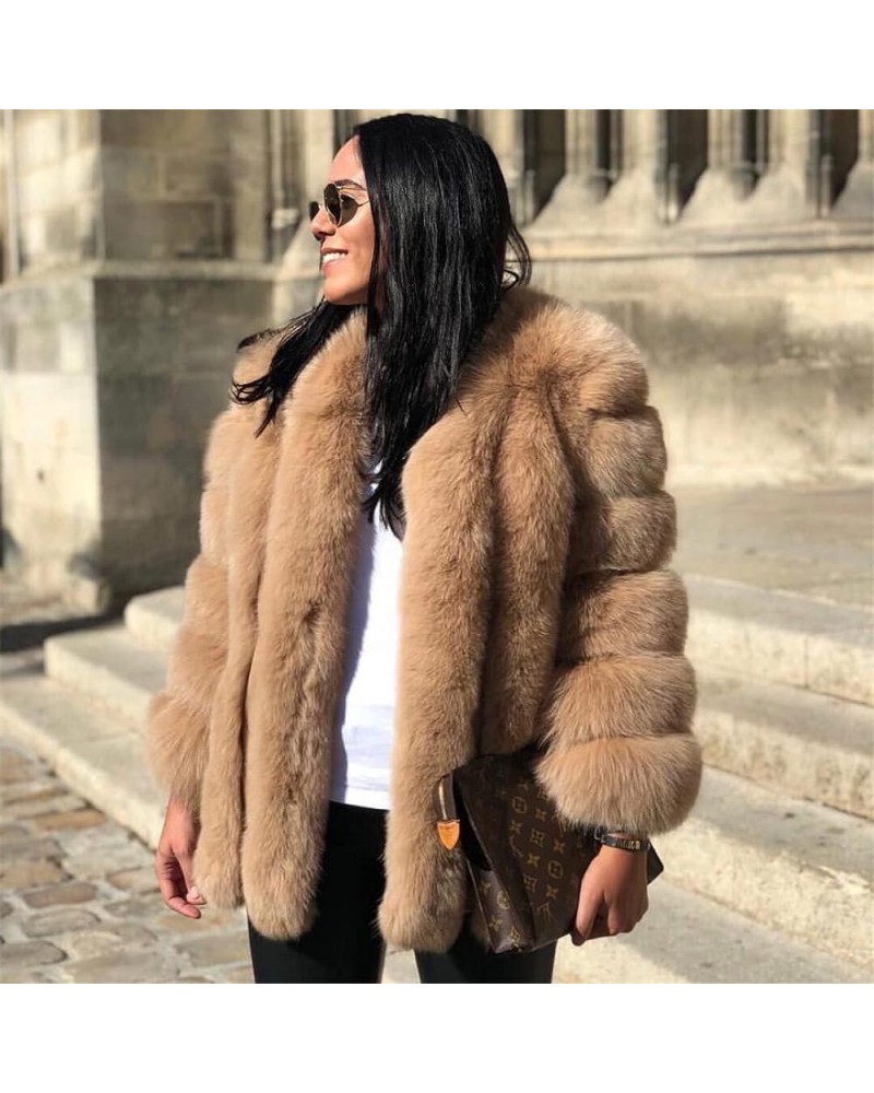 Women's Collar Warm Coat Winter Thickened Long Sleeve Faux Fur Coat M-bust 92cm Khaki $64.07 Coats