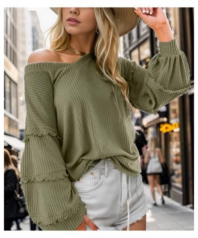 Women Long Sleeve Tunic Tops Off Shoulder Loose Fit Ruffles Blouse Waffle Knit V Neck Casual Solid Color Tee Shirts Green $19...