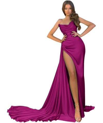 Women's Strapless Mermaid Prom Dresses Long 2023 High Split Formal Evening Party Gowns Fuchsia $38.24 Dresses