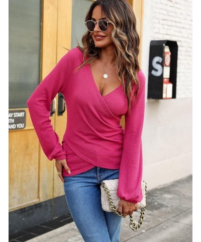 Women's Long Sleeve Wrap Tops Sexy Casual Waffle Knit V Neck Shirts Slim fit Ruched Top Blouses 2023 Fall Hotpink $20.64 Tops