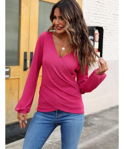 Women's Long Sleeve Wrap Tops Sexy Casual Waffle Knit V Neck Shirts Slim fit Ruched Top Blouses 2023 Fall Hotpink $20.64 Tops