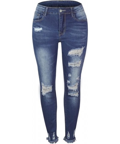 Ripped Frayed Distressed Skinny Jeans for Women Mid Waist High Stretch Tassels Cuff Hem Denim Jogger Pants 890 Blue $17.55 Jeans