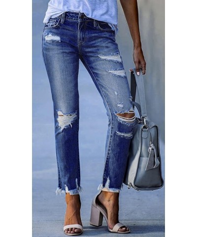 Ripped Frayed Distressed Skinny Jeans for Women Mid Waist High Stretch Tassels Cuff Hem Denim Jogger Pants 890 Blue $17.55 Jeans