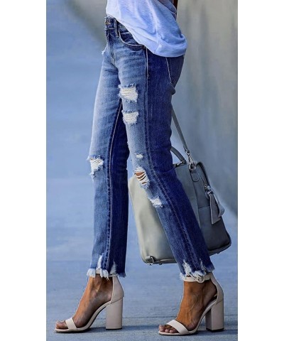 Ripped Frayed Distressed Skinny Jeans for Women Mid Waist High Stretch Tassels Cuff Hem Denim Jogger Pants 890 Blue $17.55 Jeans