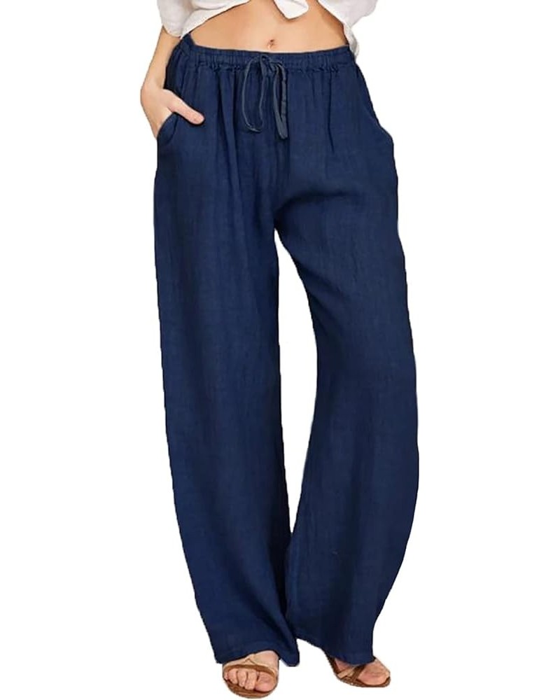 Women's Cotton Linen Palazzo Pants Plus Size Loose Fit Casual Pant Drawstring Waist Wide Leg Trousers with Pockets Navy $7.41...