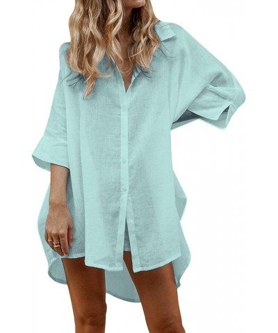 Women Cotton Linen Shirts Casual Button Down Tunics Tops Beach Swimsuit Coverups Celadon Green $10.50 Swimsuits