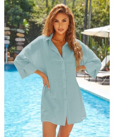 Women Cotton Linen Shirts Casual Button Down Tunics Tops Beach Swimsuit Coverups Celadon Green $10.50 Swimsuits