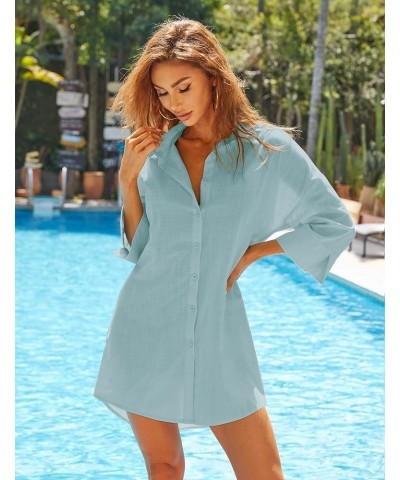 Women Cotton Linen Shirts Casual Button Down Tunics Tops Beach Swimsuit Coverups Celadon Green $10.50 Swimsuits