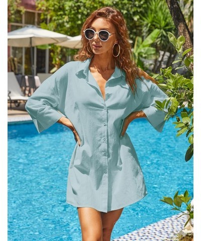 Women Cotton Linen Shirts Casual Button Down Tunics Tops Beach Swimsuit Coverups Celadon Green $10.50 Swimsuits