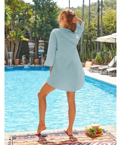 Women Cotton Linen Shirts Casual Button Down Tunics Tops Beach Swimsuit Coverups Celadon Green $10.50 Swimsuits