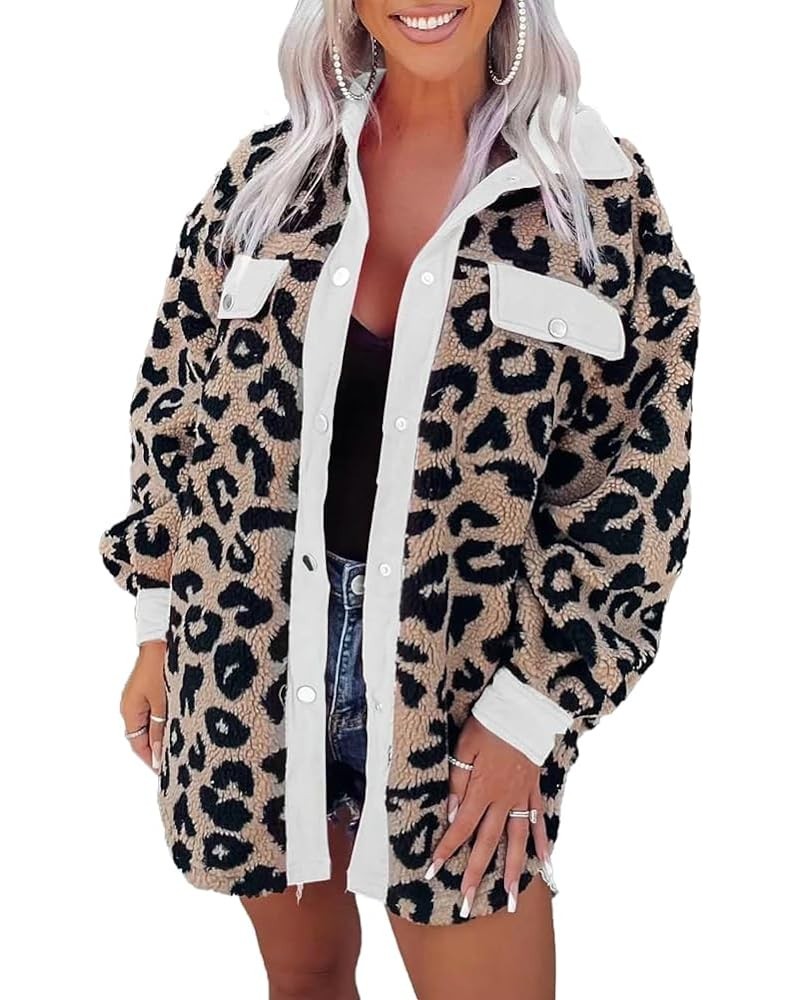 Women's Winter Faux Fur Coats Leopard Print Plush Jacket Long Sleeve Lapel Fuzzy Fleece Outerwear Button Jackets 2023 White $...