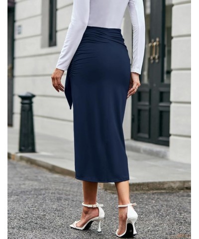 Women Ruched Pencil Skirt High Waist Wrap Tie Front Asymmetrical Long Maxi Skirts Bodycon with Slit Navy Blue $18.23 Skirts