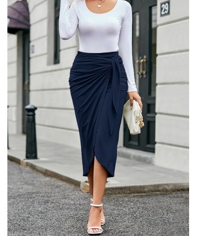 Women Ruched Pencil Skirt High Waist Wrap Tie Front Asymmetrical Long Maxi Skirts Bodycon with Slit Navy Blue $18.23 Skirts