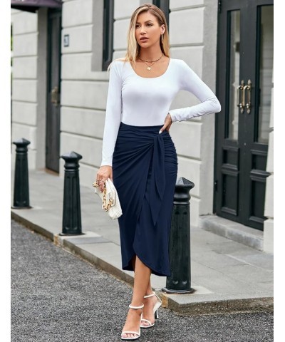 Women Ruched Pencil Skirt High Waist Wrap Tie Front Asymmetrical Long Maxi Skirts Bodycon with Slit Navy Blue $18.23 Skirts