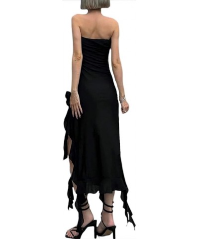 Women Party Club Dress Sexy Strapless Off Shoulder Tube Top Wrapped Tassels High Split Midi Dress Y2K Fairy Dresses Black $10...