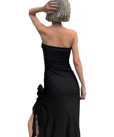 Women Party Club Dress Sexy Strapless Off Shoulder Tube Top Wrapped Tassels High Split Midi Dress Y2K Fairy Dresses Black $10...